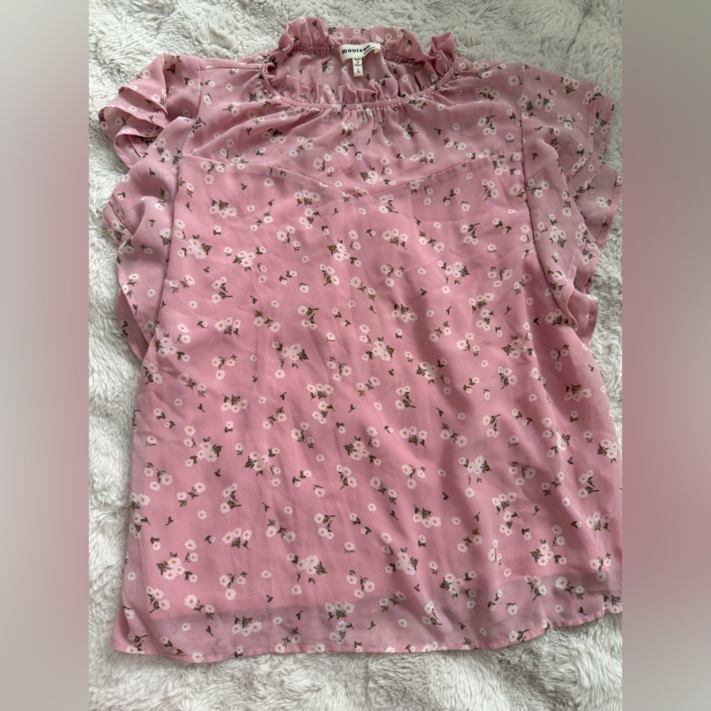 Joie Pink Floral Ruffle Neck Blouse